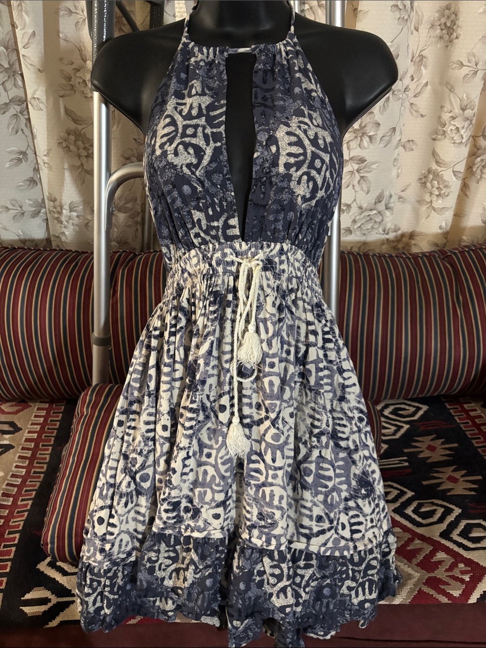 Free People Navy and White Halter Tie-Waist Mini Dress with Tassel